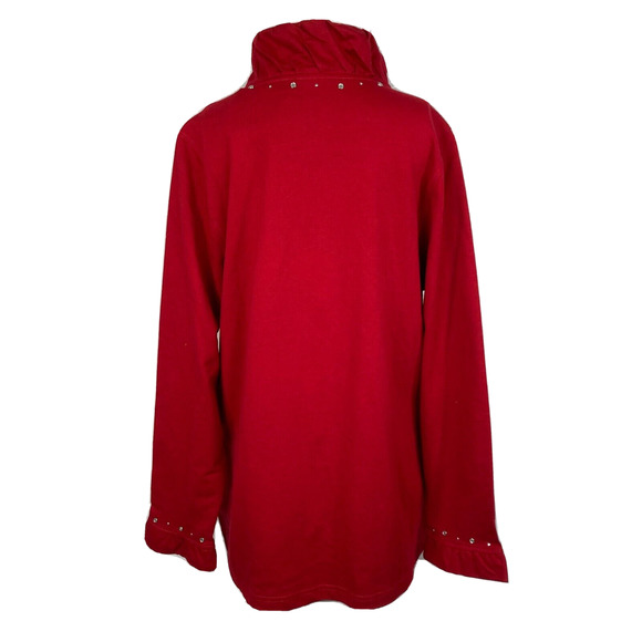 Quacker Factory Jacket Womens Sz M Red Cotton Knit Rhinestone Ruffle Neck Zip Up - Picture 4 of 10